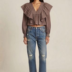 Blusa Xadrez com Decote em V e Folhos